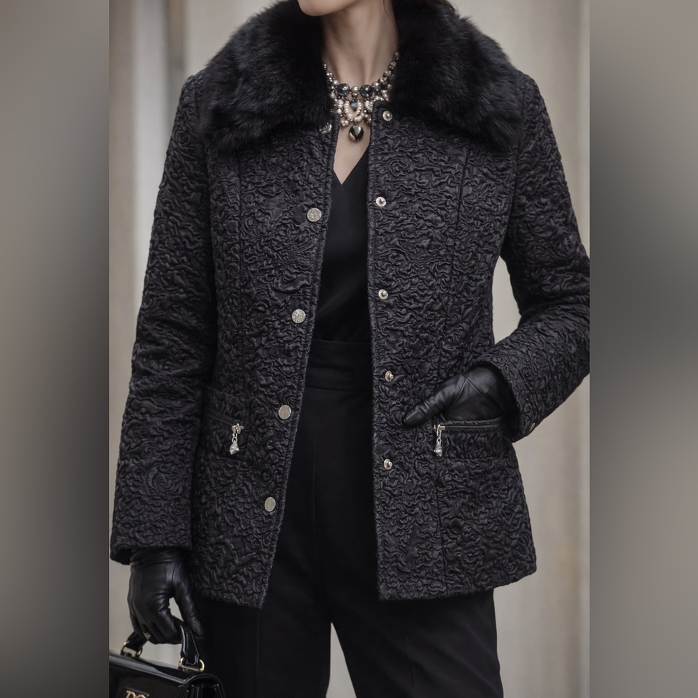 Posh Black Women’s Texured insulated jacket with a fur collar, sz S (US)